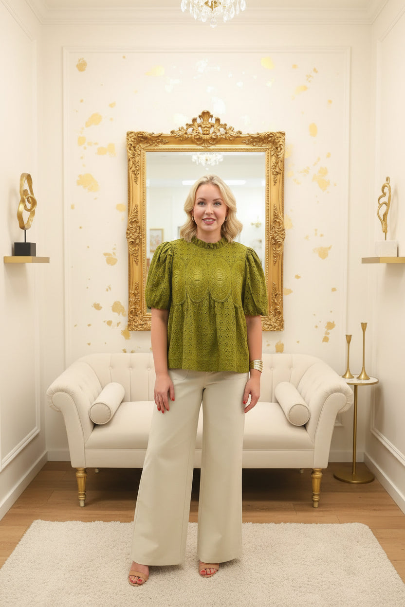 Coming soon: Martini Green Embroidered Eyelet Top