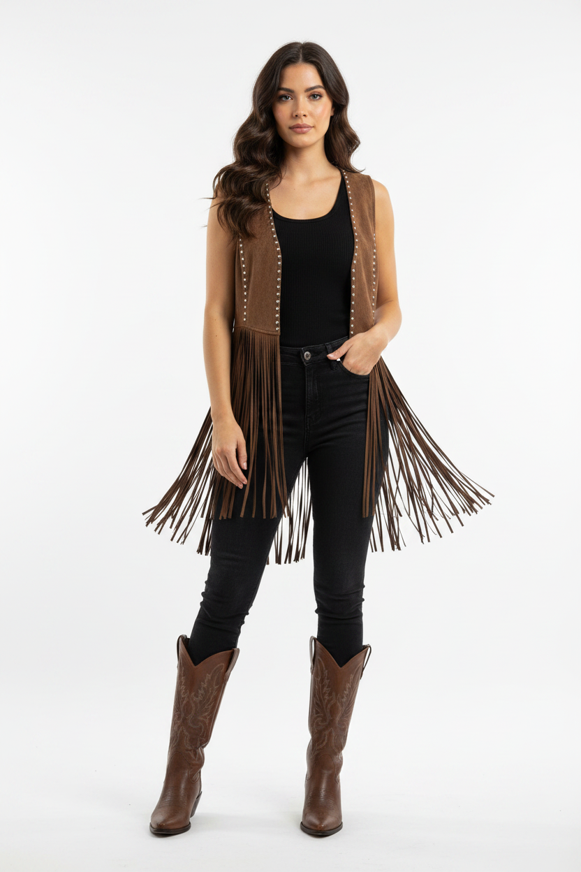 Coming soon: Boho Cowgirl Fringe Vest - Chocolate w/ Silver Studs