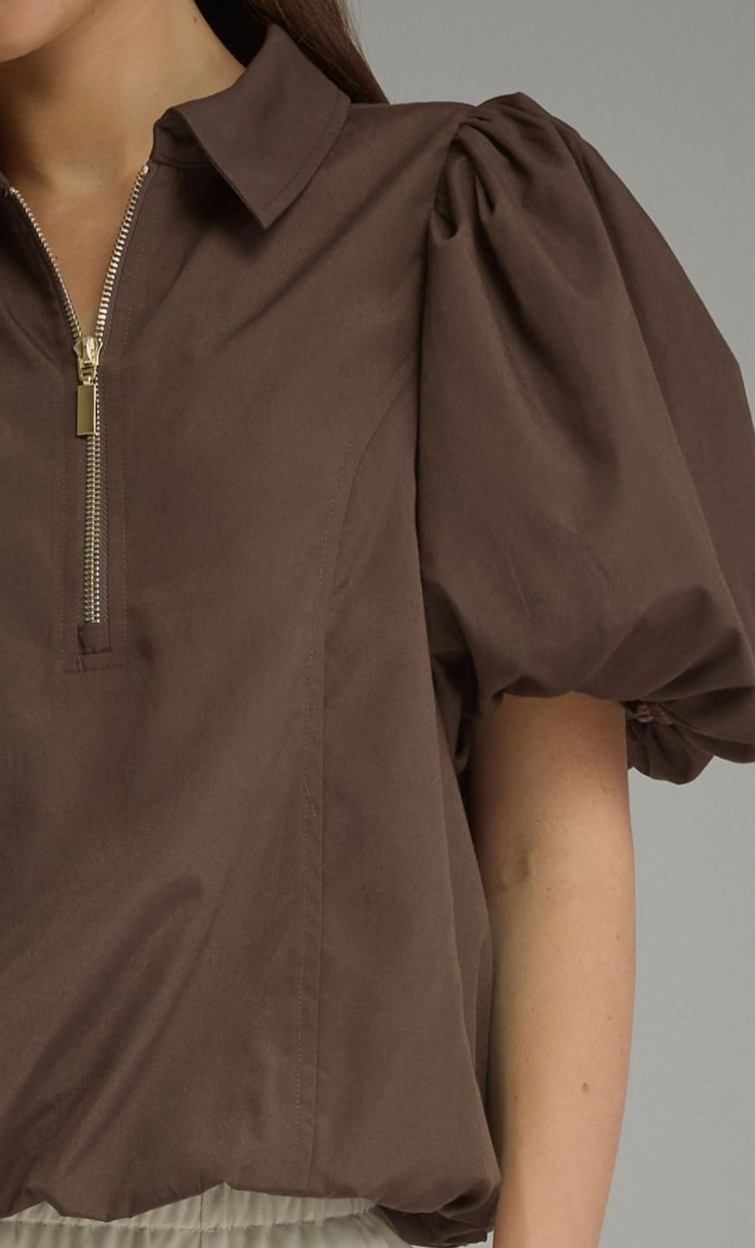 Coming Soon: Mocha Mia Puff Sleeve Zip Top