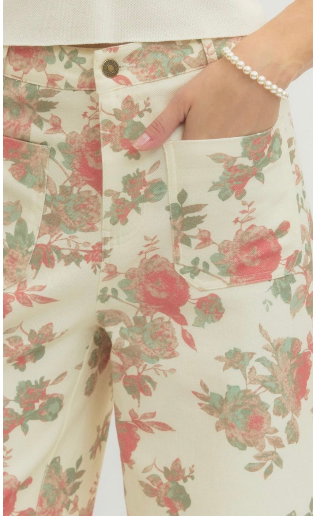 Cream Floral Cropped Pants