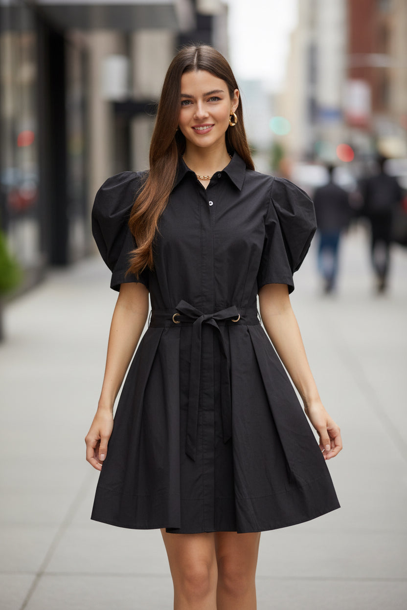 Adorable Puff Sleeve Dress - Black