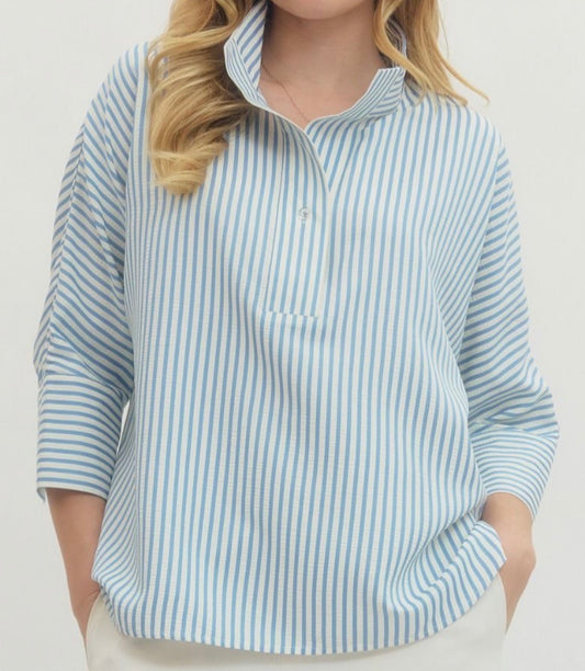 Blue stripe 3/4 sleeve top with button detail
