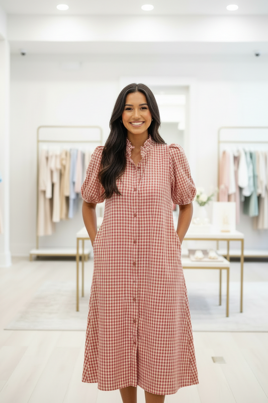 Sale: Red & White Gingham Puff Sleeve Midi Dress