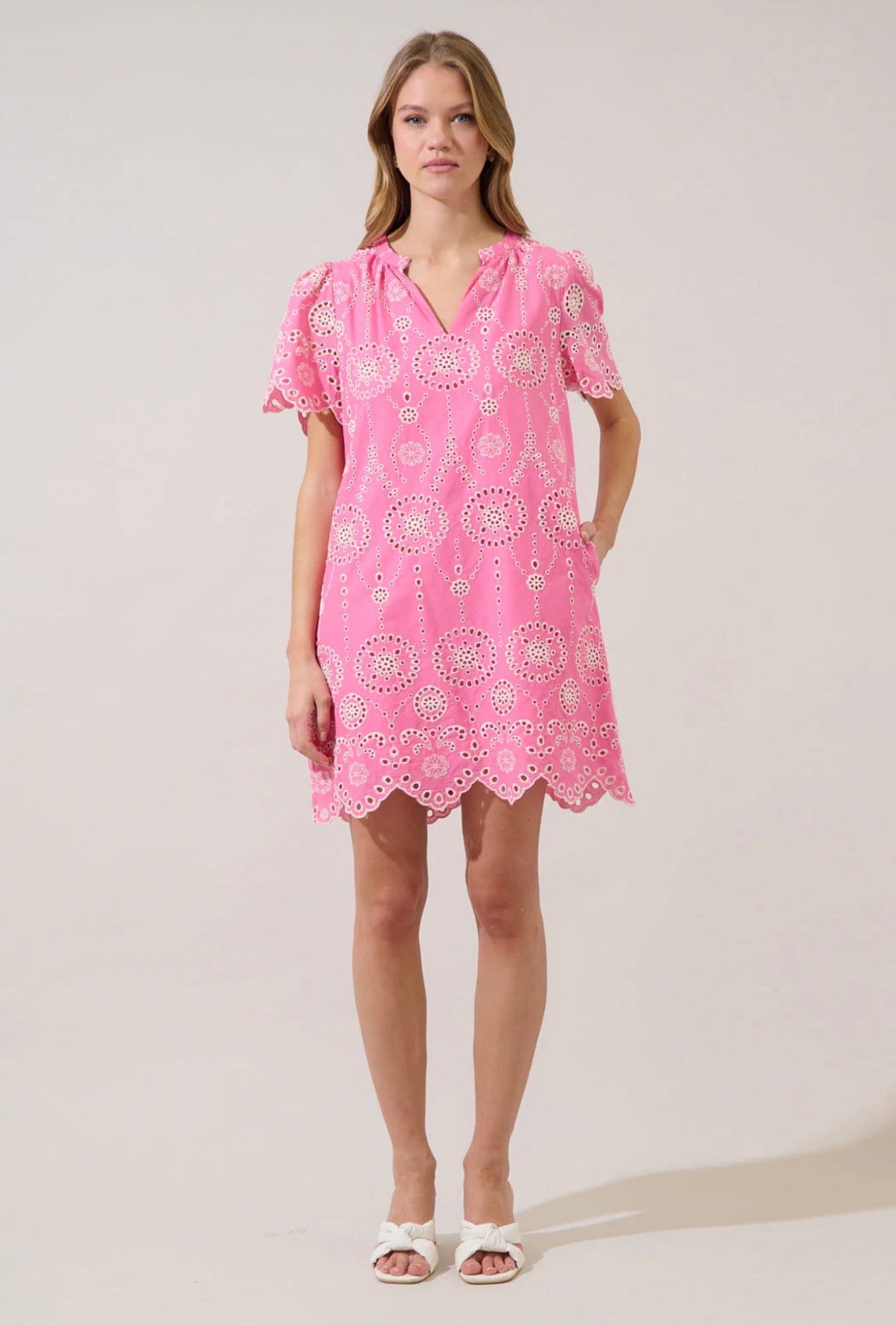 Embroidered Eyelet Mini Dress - Pink