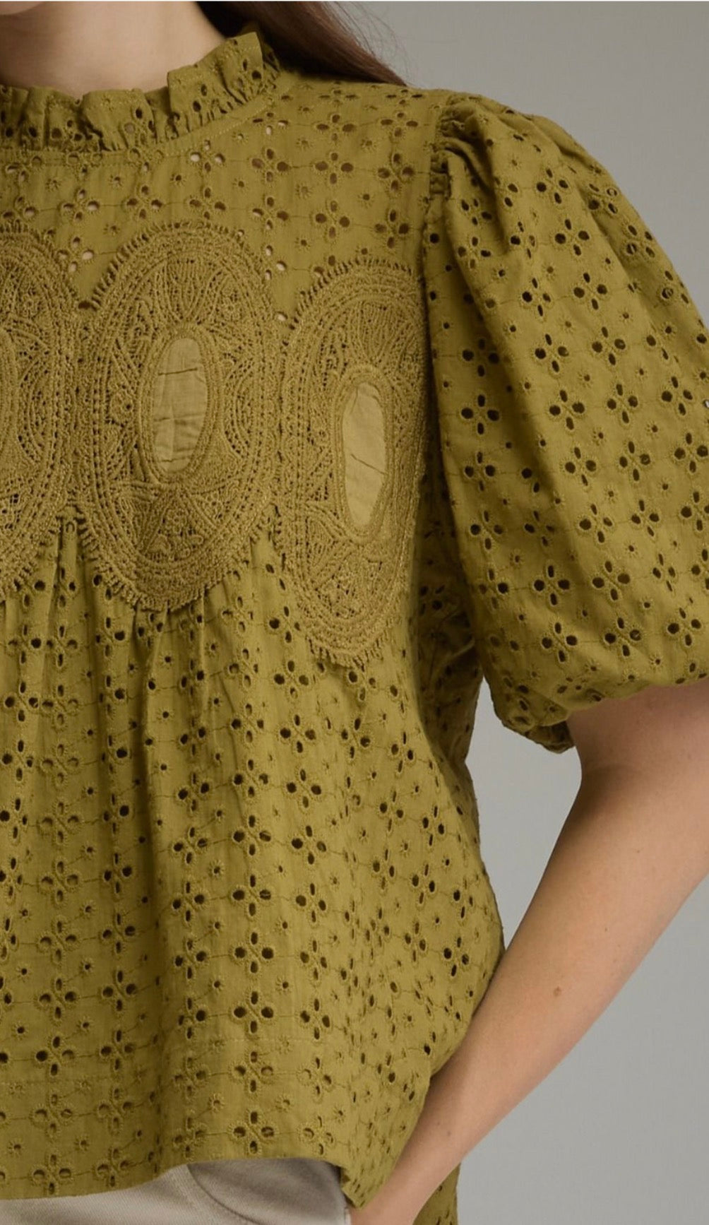 Martini Green Embroidered Eyelet Top