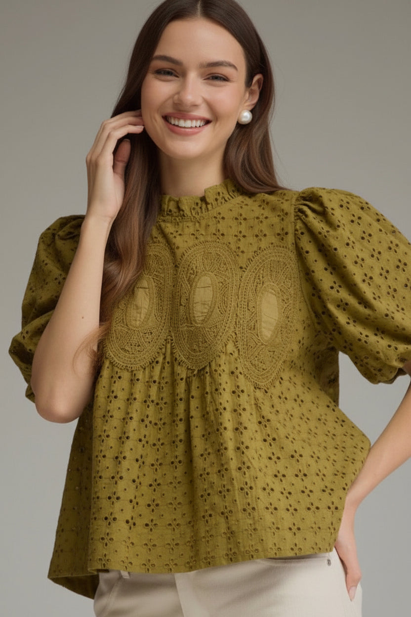Martini Green Embroidered Eyelet Top