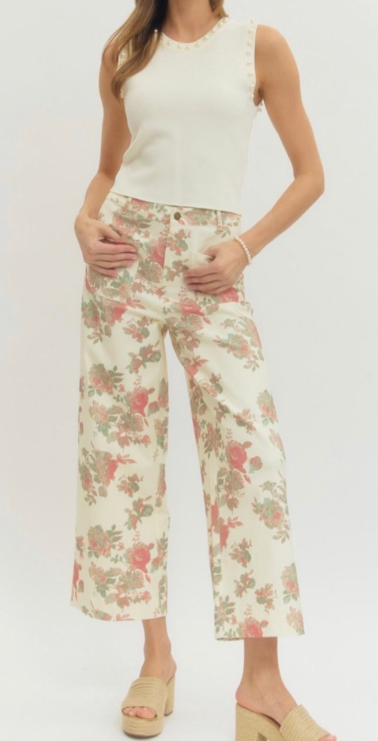 Cream Floral Cropped Pants