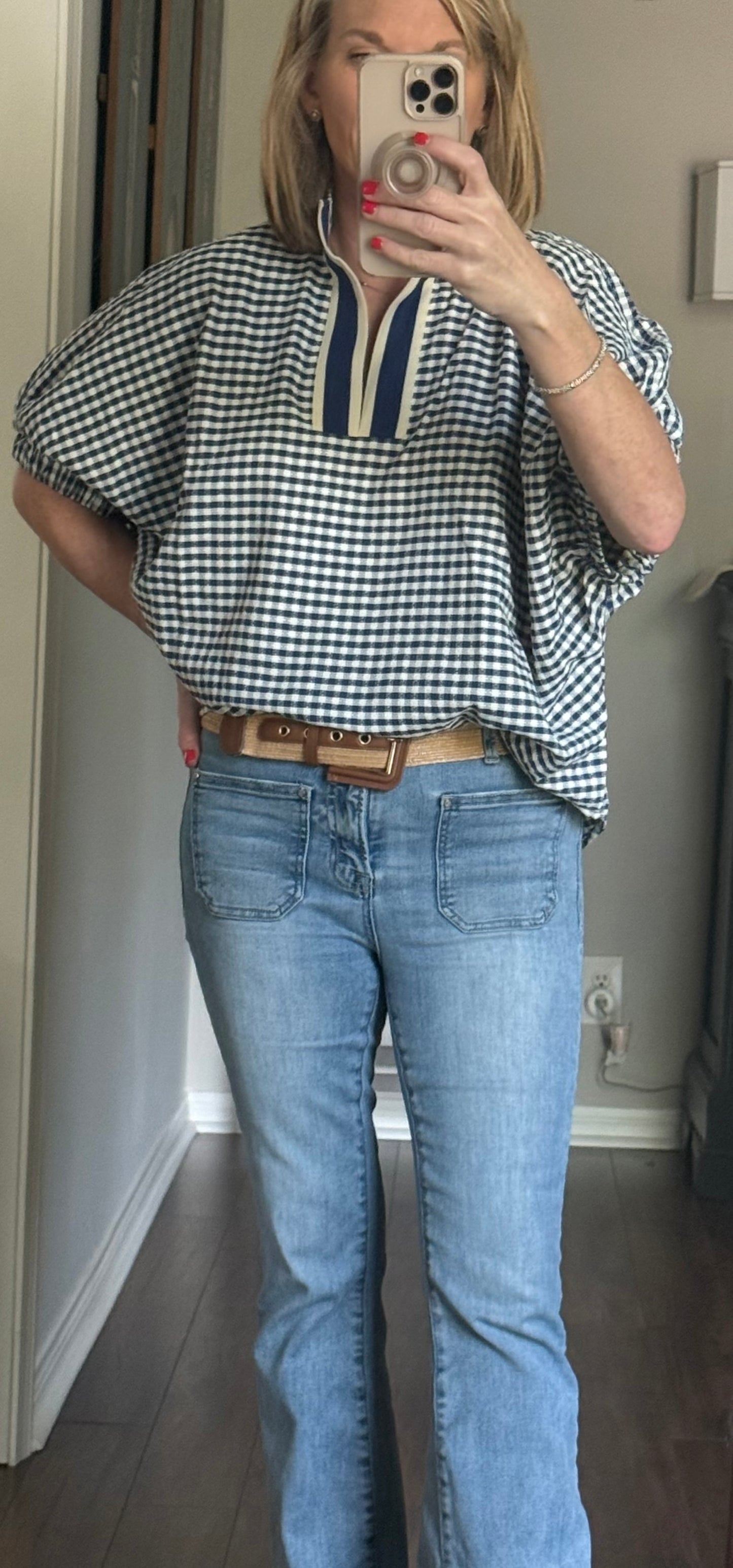 Gingham top with stripe trim