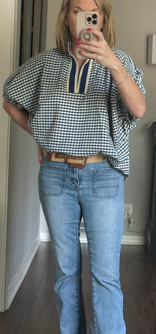 Gingham top with stripe trim
