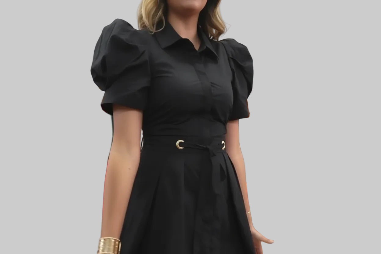 Coming Soon: Puff Sleeve Belted Shirt Dress - Black