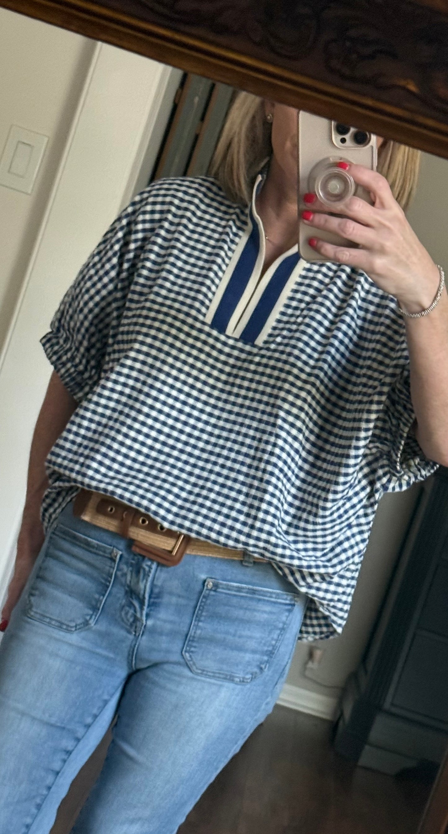 Gingham top with stripe trim
