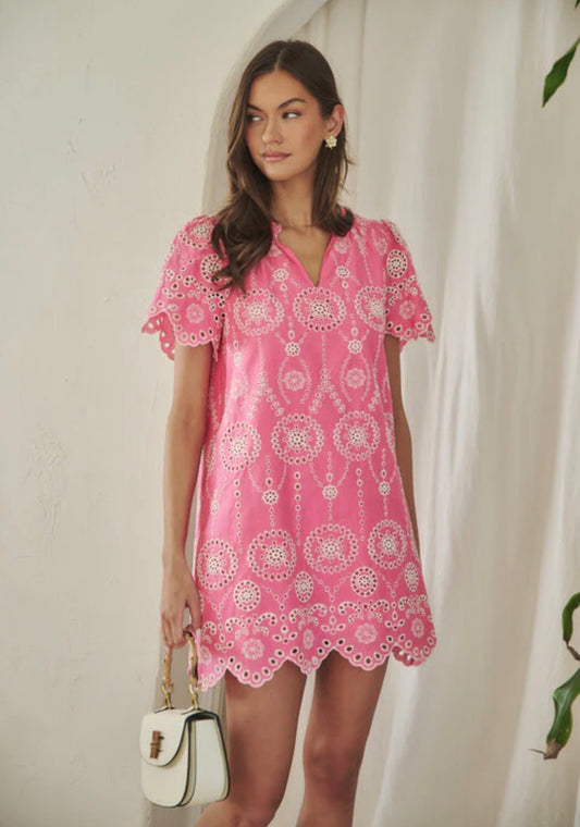 Embroidered Eyelet Mini Dress - Pink