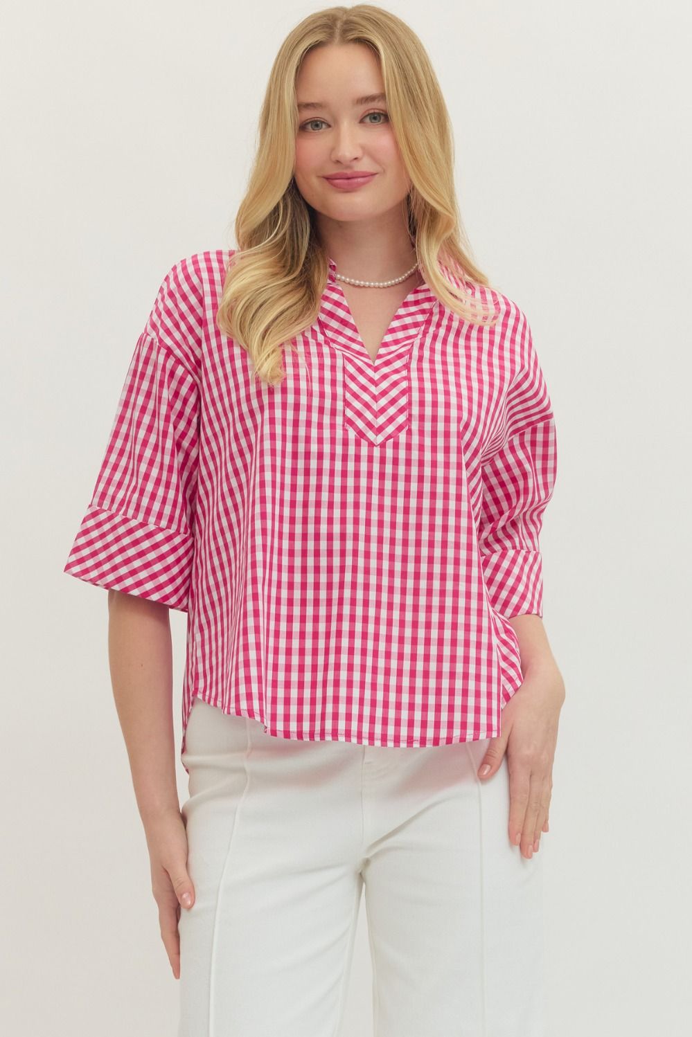 Pink Gingham Cotton Work‑to‑Weekend Top