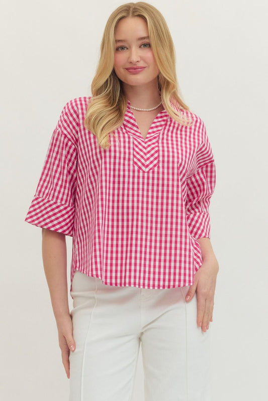 Pink Gingham Cotton Work‑to‑Weekend Top