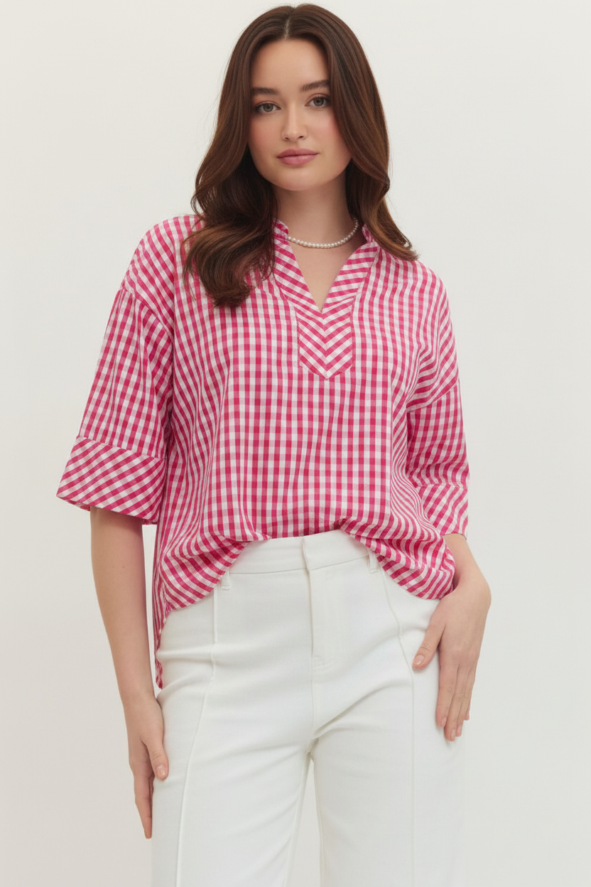 Sale: Pink Gingham Cotton Work‑to‑Weekend Top