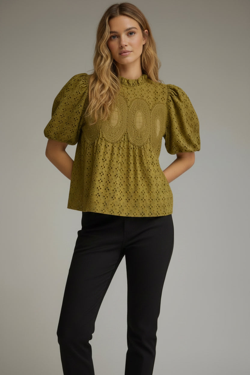 Martini Green Embroidered Eyelet Top