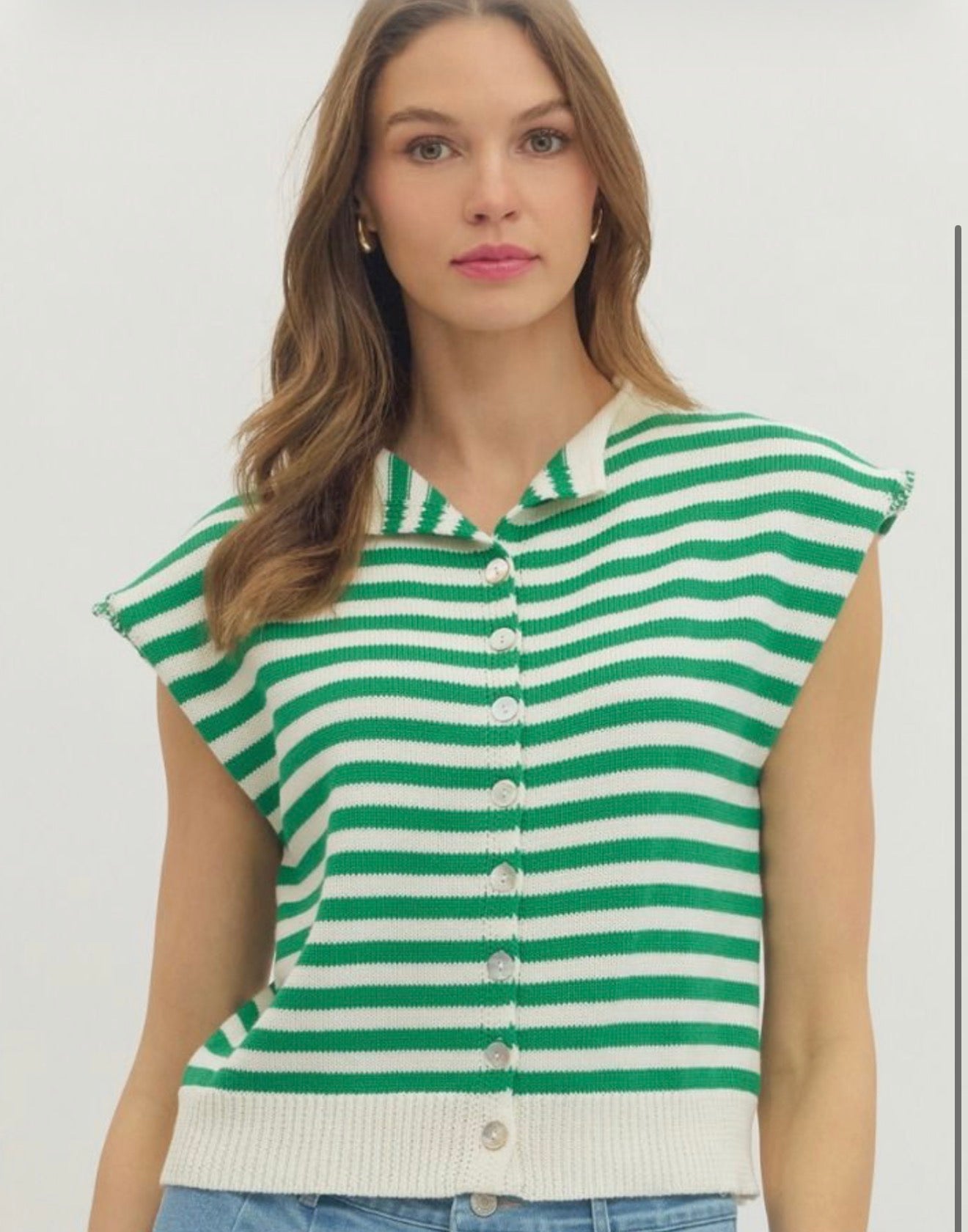 Green Striped Button‑Front Knit Top