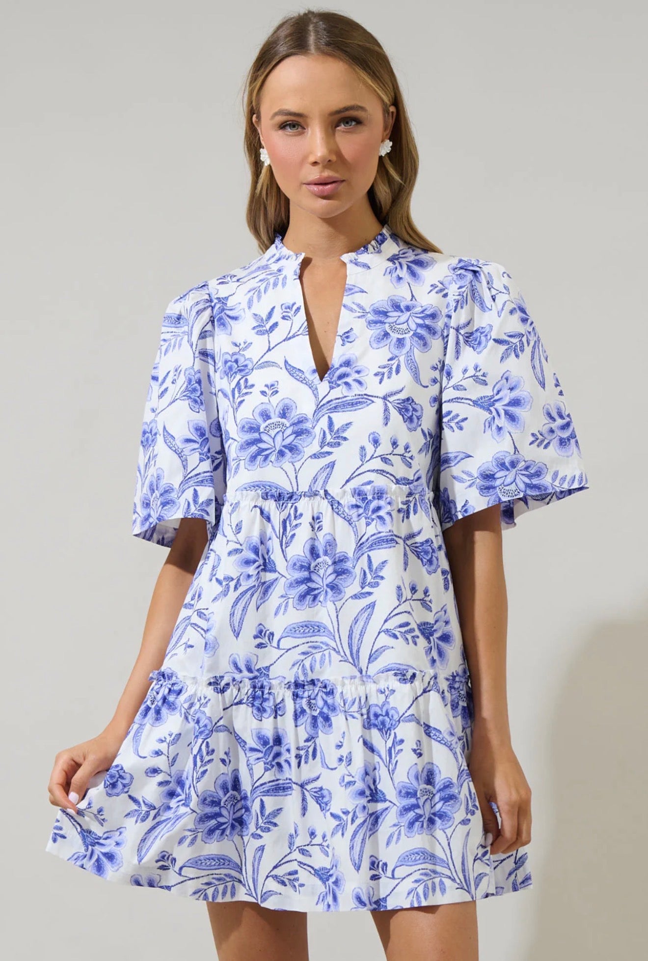 Blue Floral Cotton Dress with Pockets