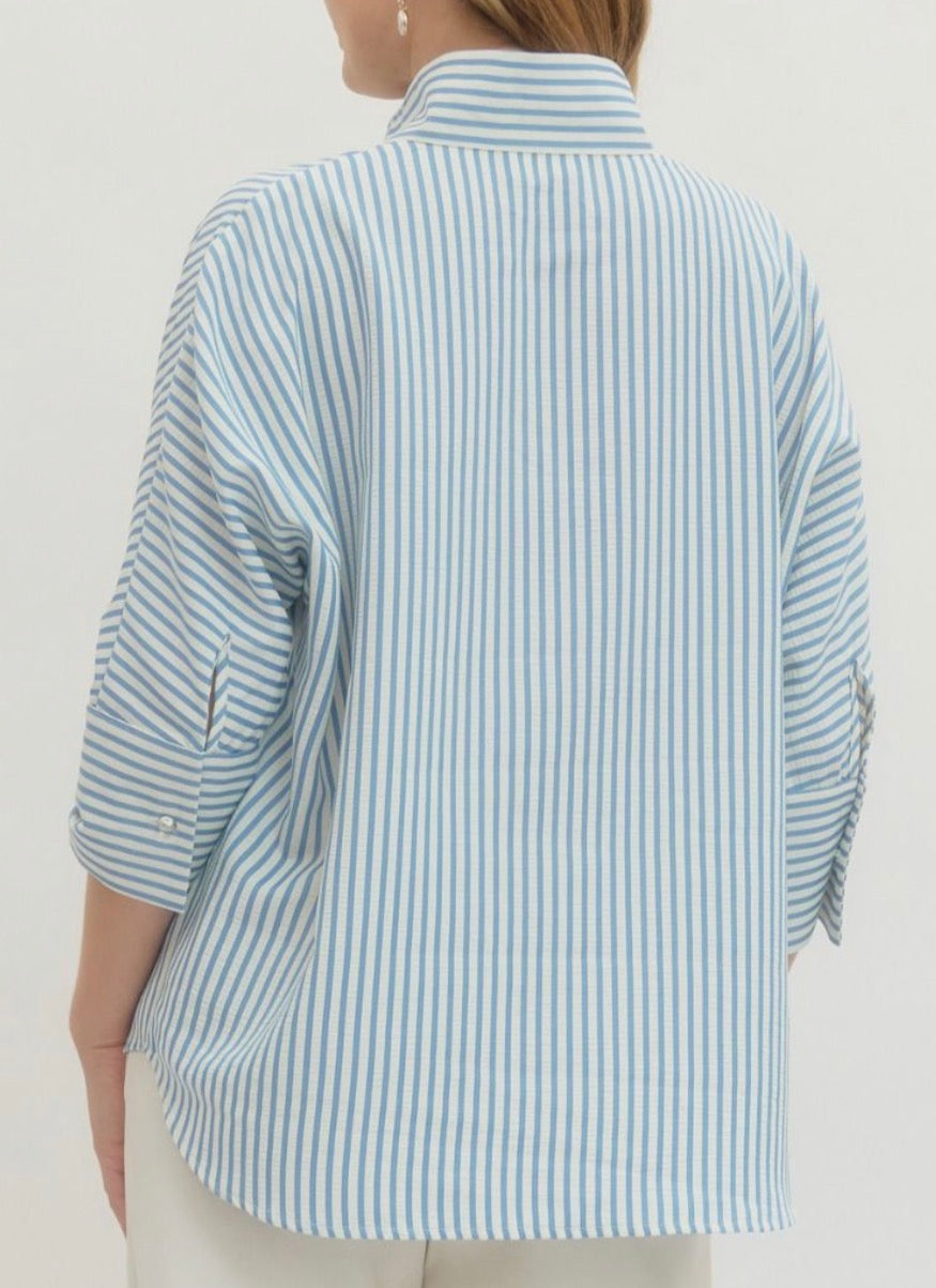 Blue stripe 3/4 sleeve top with button detail