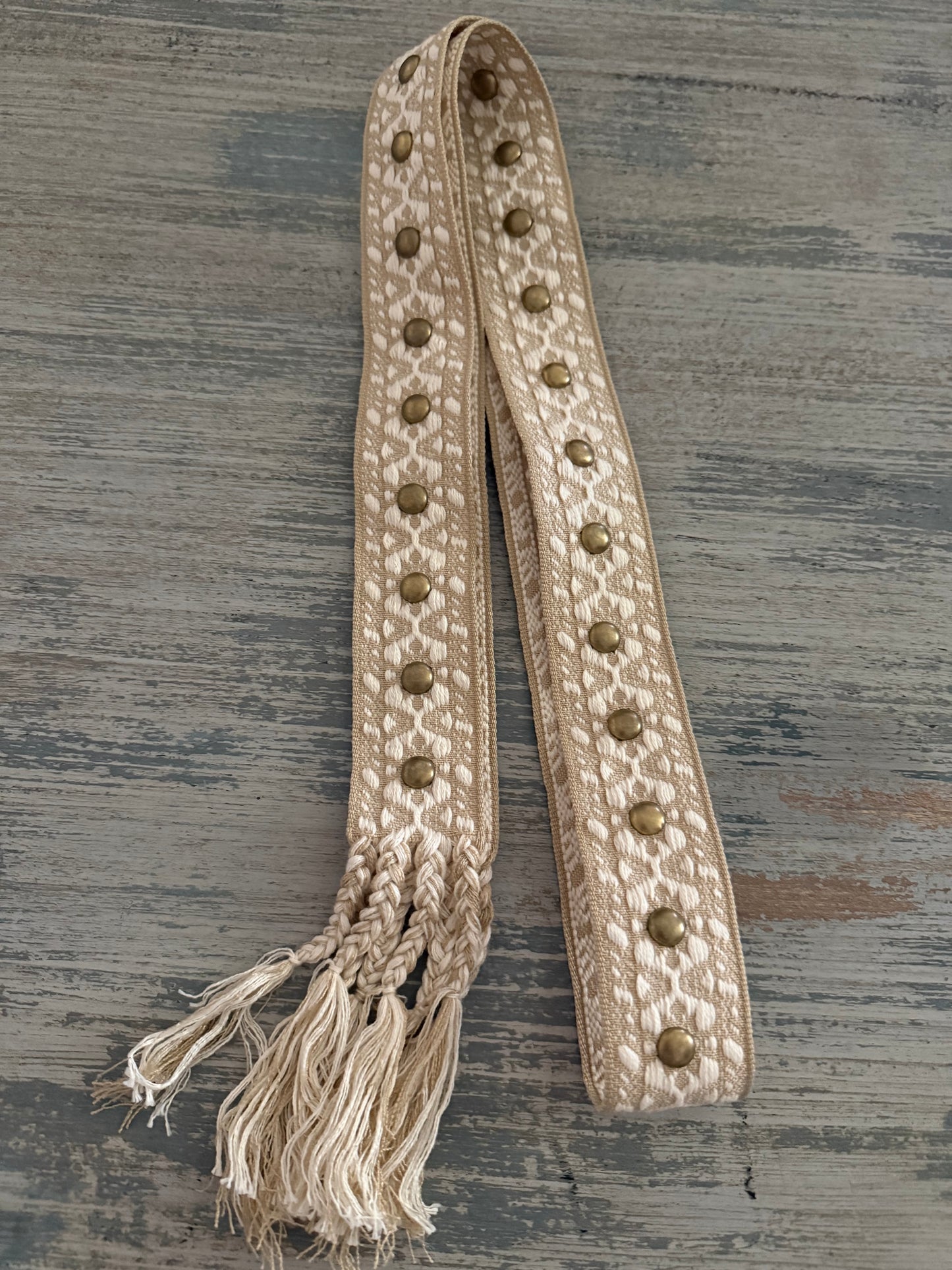Gold and Beige tassel belt with studs