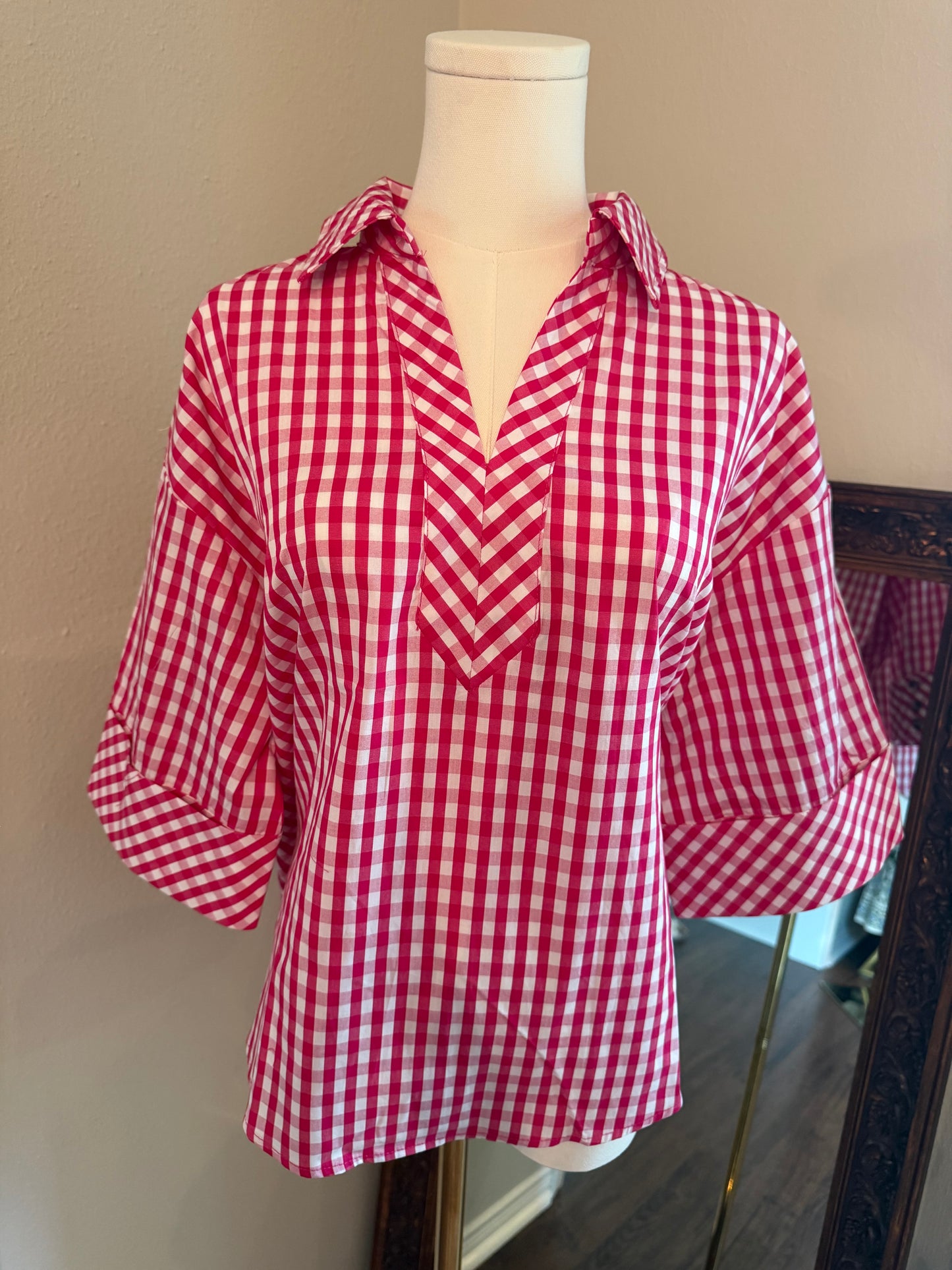 Pink Gingham Cotton Work‑to‑Weekend Top