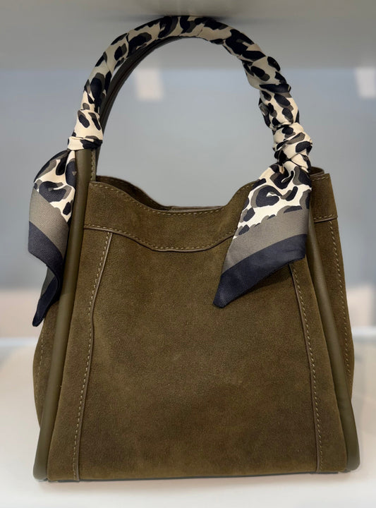 Coming Soon: The Sabine Suede Little Tote - Olive Green with Leopard Scarf Wrap