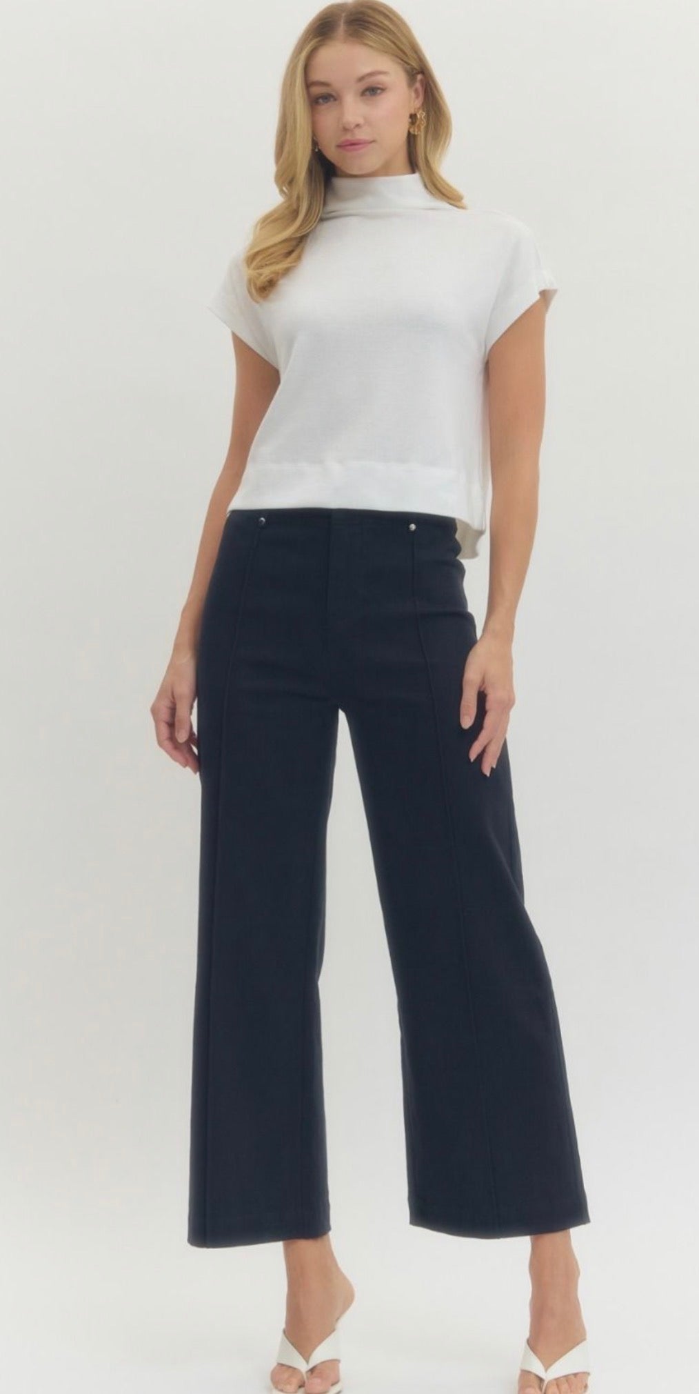 Navy Luxe Stretch Pants with Gold Waistband Accents