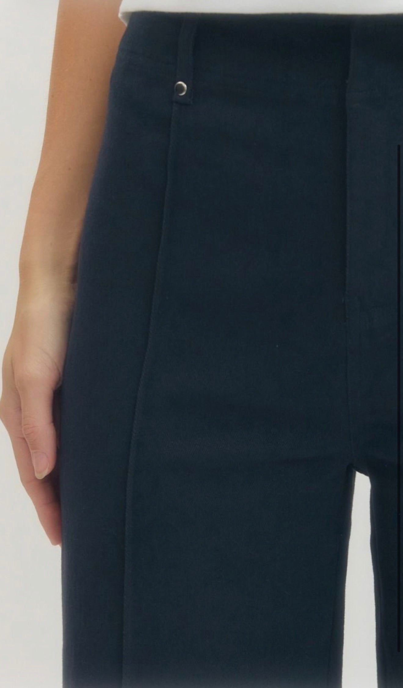 Navy Luxe Stretch Pants with Gold Waistband Accents