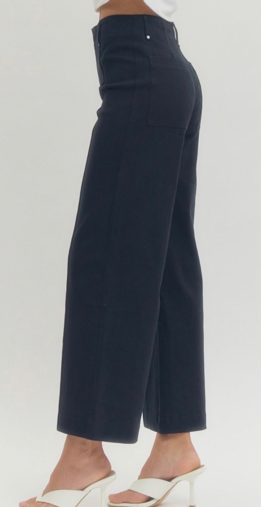 Navy Luxe Stretch Pants with Gold Waistband Accents