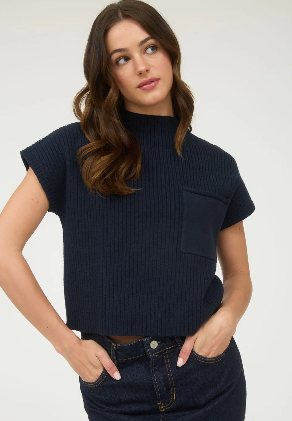 Sold out: MOCK NECK POCKET DETAIL SHORT SLEEVE KNIT SWEATER