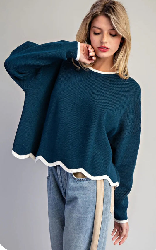 Contrast teal scallop trim sweater