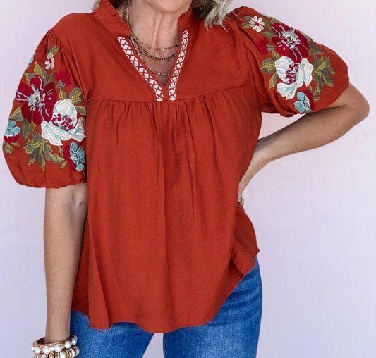 Embroidered Rust Top