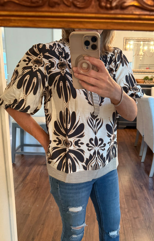 Charcoal and tan woven top