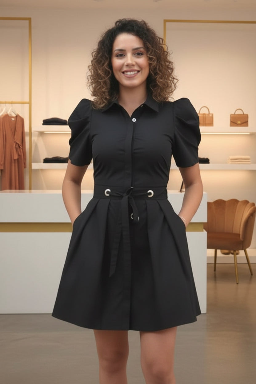 Coming Soon: Puff Sleeve Belted Shirt Dress - Black