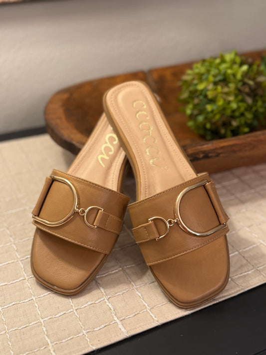 Gold tone buckle strap leather sandal - Camel
