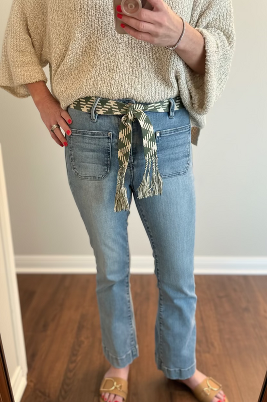Green boho tassel belt - o/s