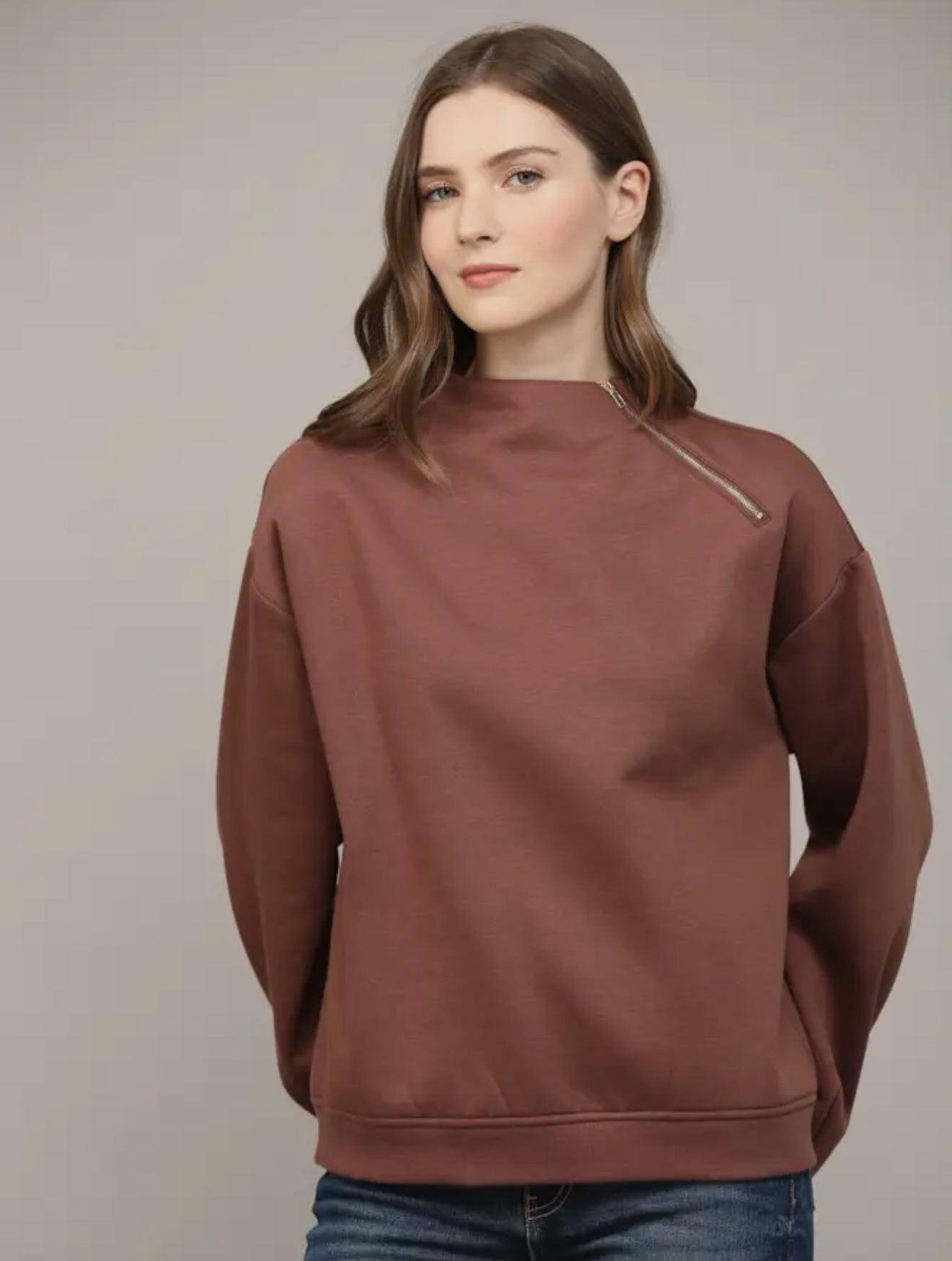 Chocolate brown zipper top - so adorable on!
