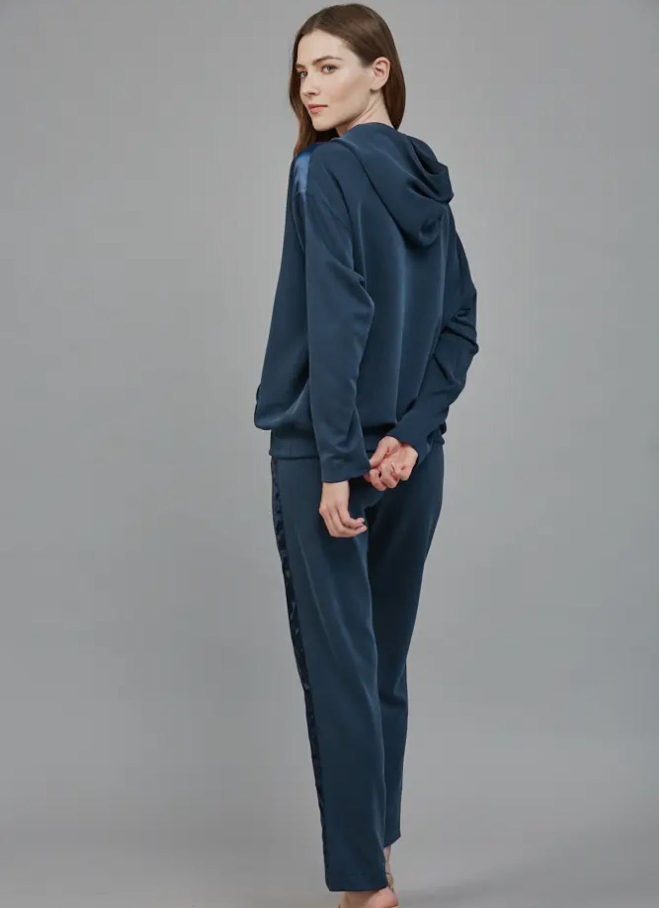 Satin trim hooded sweatshirt