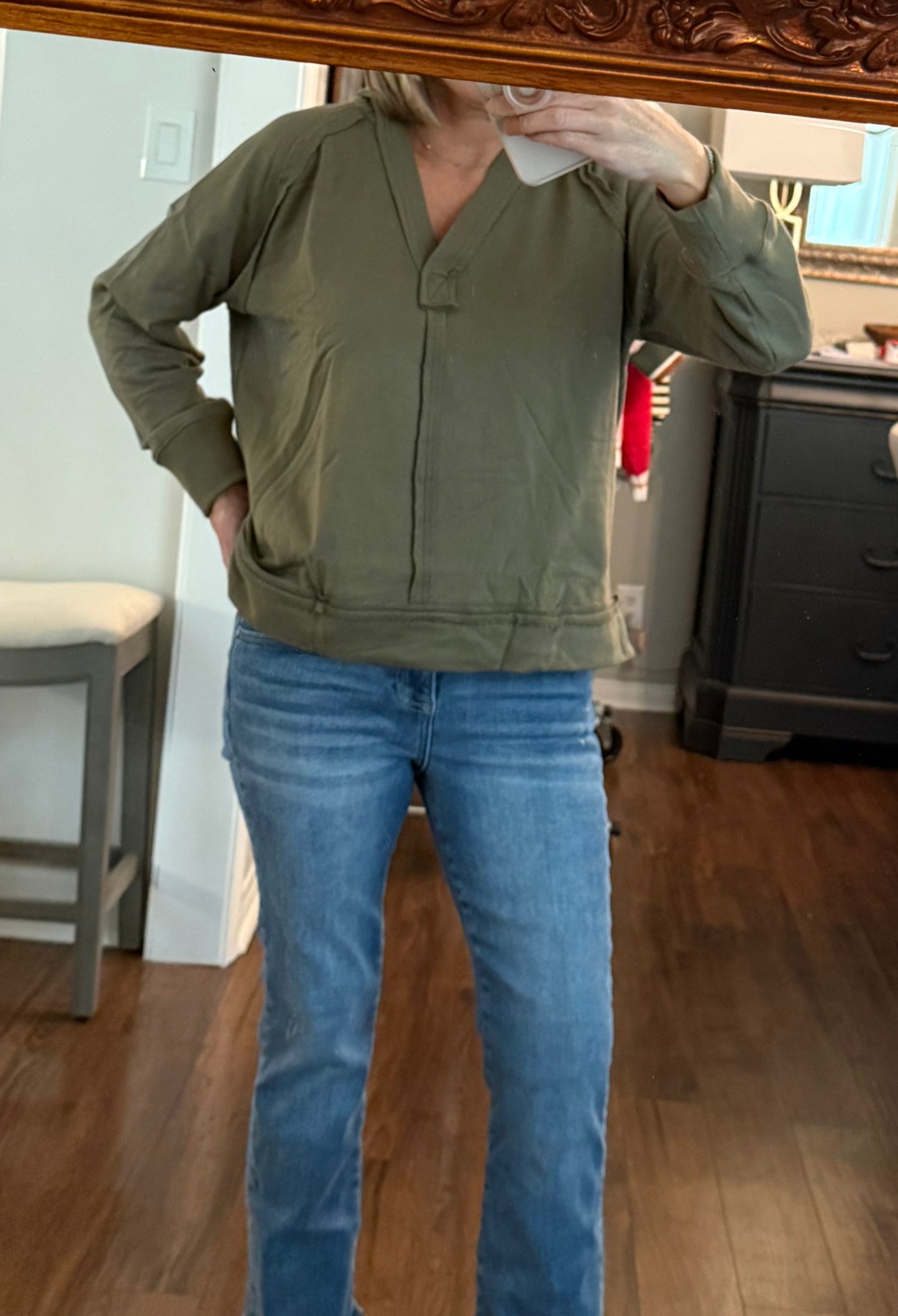 HOODED V NECK RAW EDGE LONG SLEEVE KNIT TOP