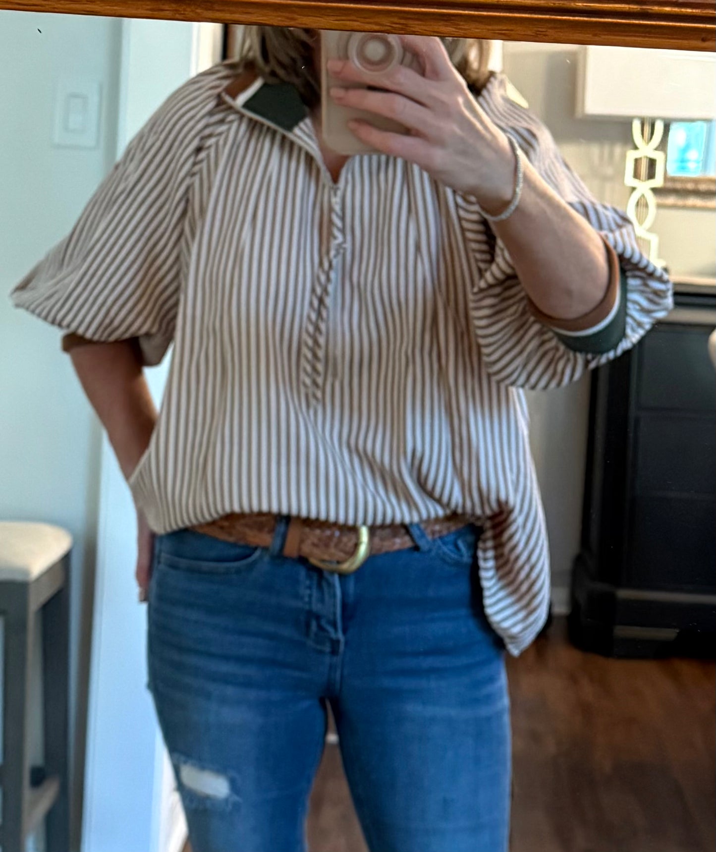 3/4 sleeve half zip top - taupe