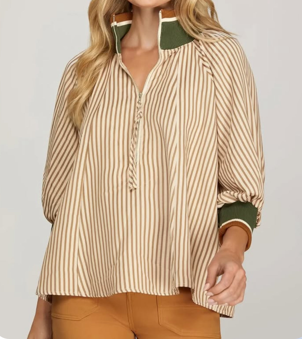 3/4 sleeve half zip top - taupe