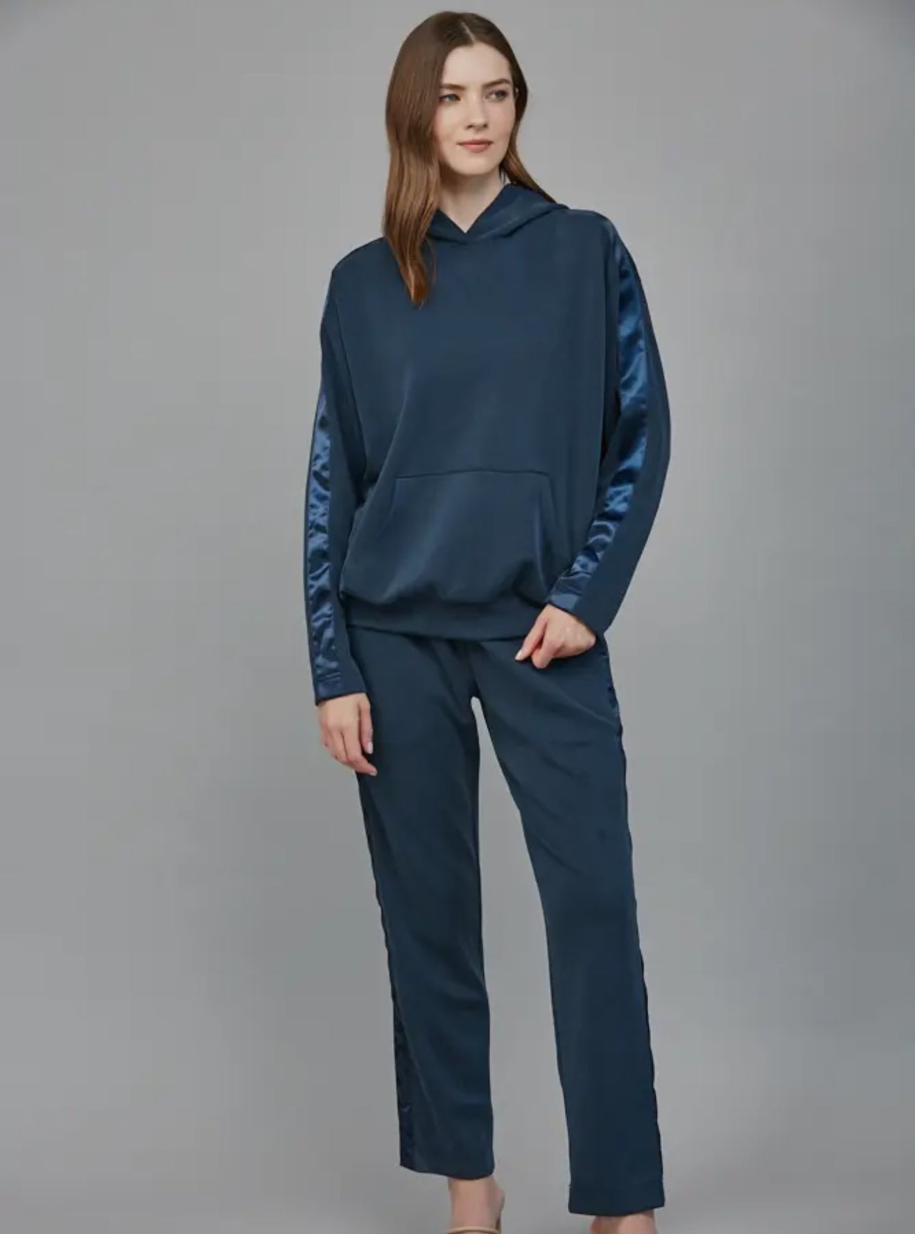 Satin trim hooded sweatshirt