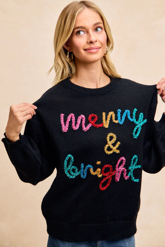 Sold out: MERRY AND BRIGHT TINSEL LETTERING CHRISTMAS SWEATER