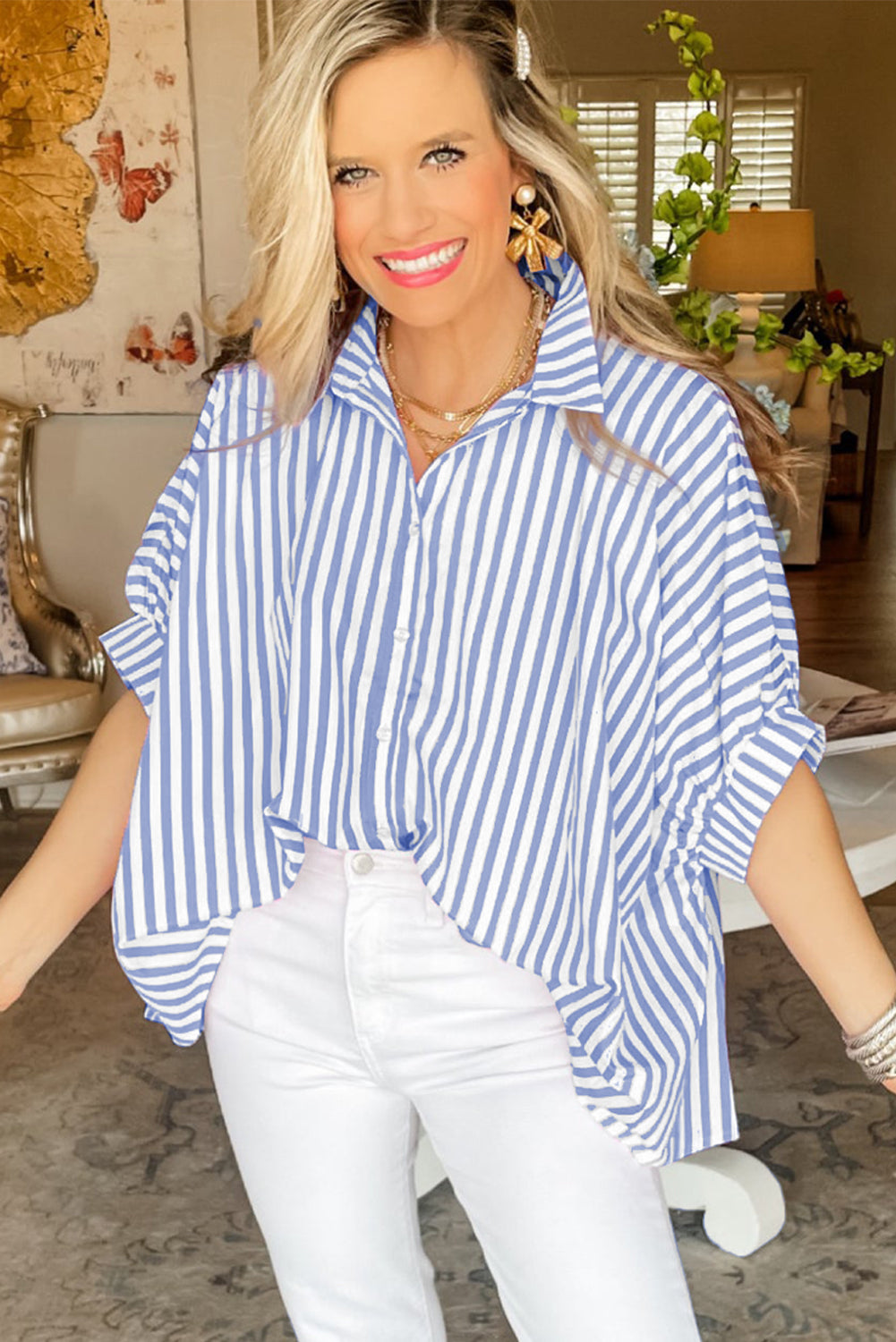 Stripe Button Up Dolman Shirt