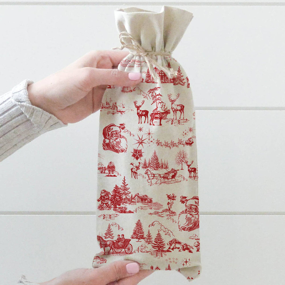 Red Christmas Toile Print Wine Bag