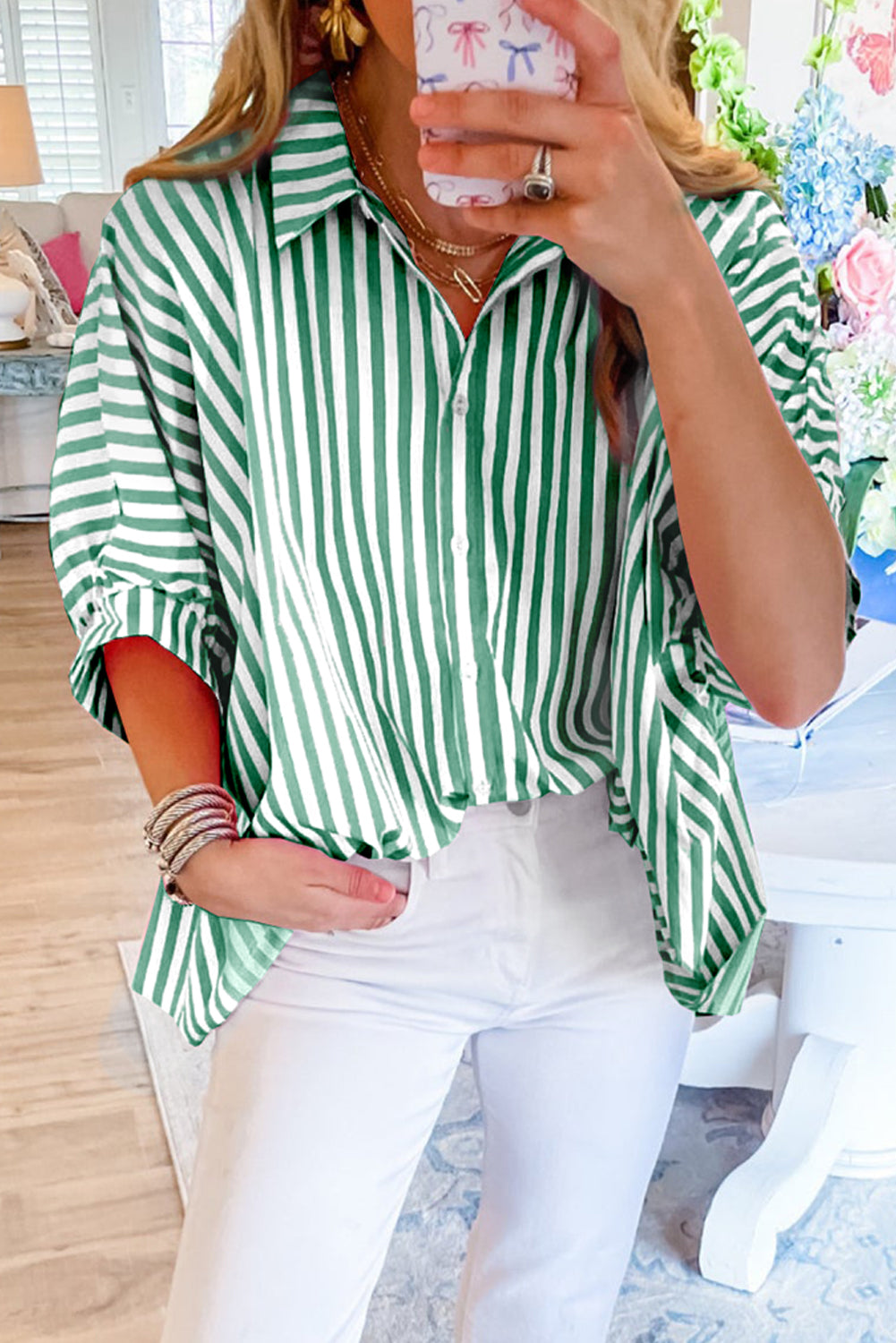 Stripe Button Up Dolman Shirt