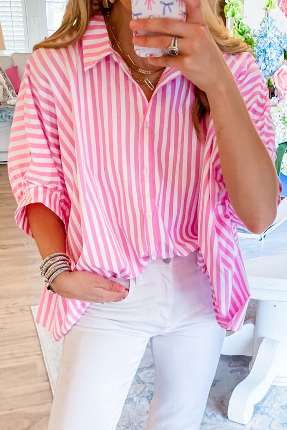 Stripe Button Up Dolman Shirt