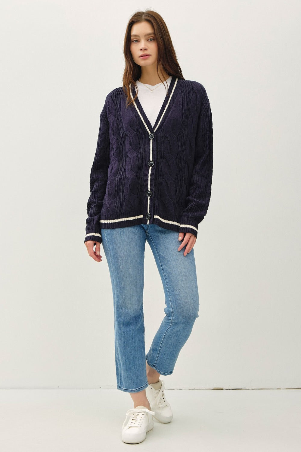 Be Cool Contrast Trim Cable-Knit V-Neck Cardigan