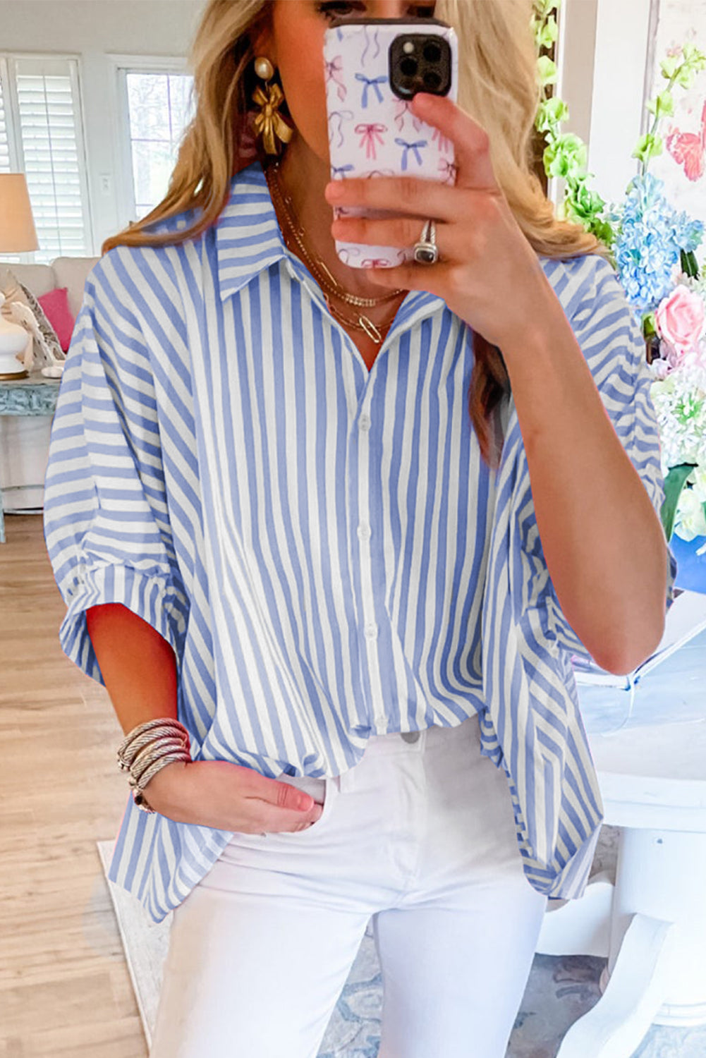 Stripe Button Up Dolman Shirt