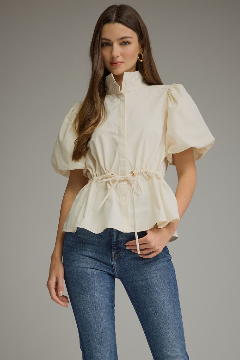 Puff Sleeve Cinch Waist Peplum Top - Ecru